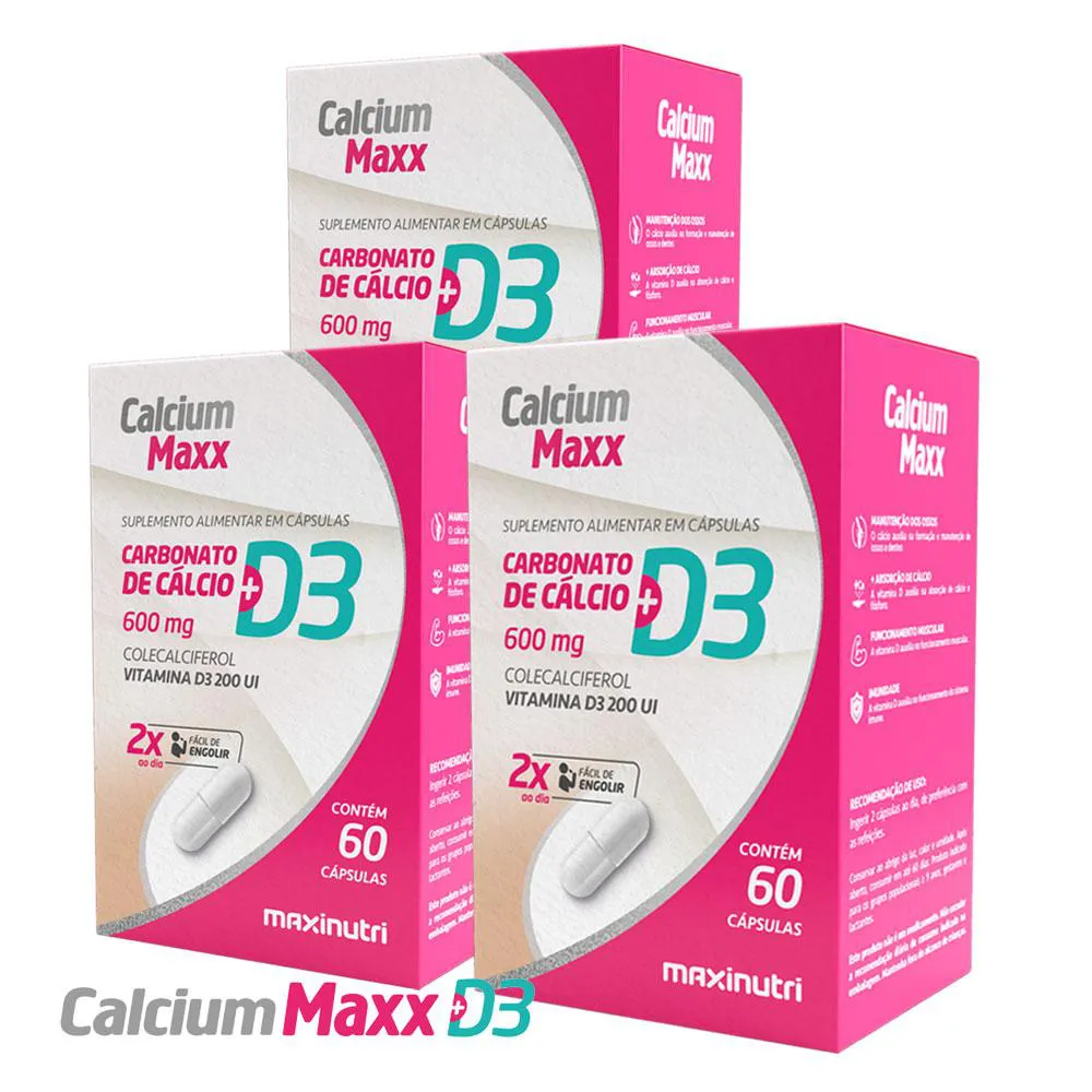 KIT 3 CALCIUM MAXX D3 CáLCIO + VITAMINA D 600MG MAXINUTRI 60 CáPSULAS