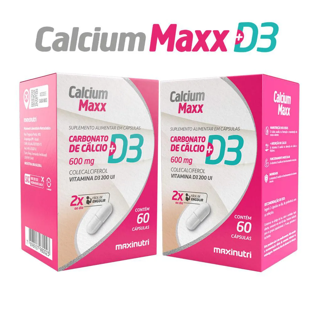 KIT 2 CALCIUM MAXX D3 CáLCIO + VITAMINA D 600MG MAXINUTRI 60 CáPSULAS