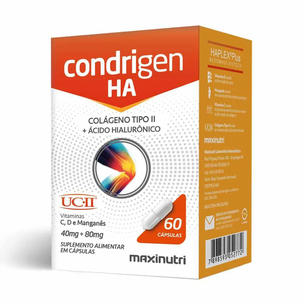 CONDRIGEN H.A. COLáGENO TIPO 2 COM ÁCIDO HIALURôNICO 60 CAPS MAXINUTRI