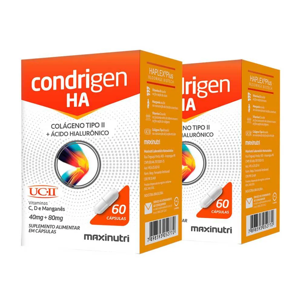KIT 2 CONDRIGEN H.A. COLáGENO TIPO 2 COM ÁCIDO HIALURôNICO 60 CAPS MAXINUTRI
