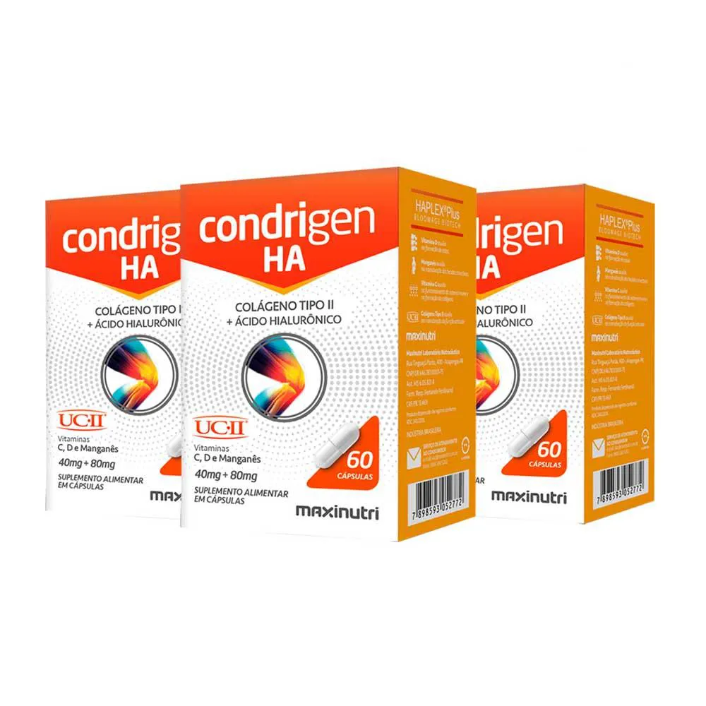 KIT 3 CONDRIGEN H.A. COLáGENO TIPO 2 COM ÁCIDO HIALURôNICO 60 CAPS MAXINUTRI