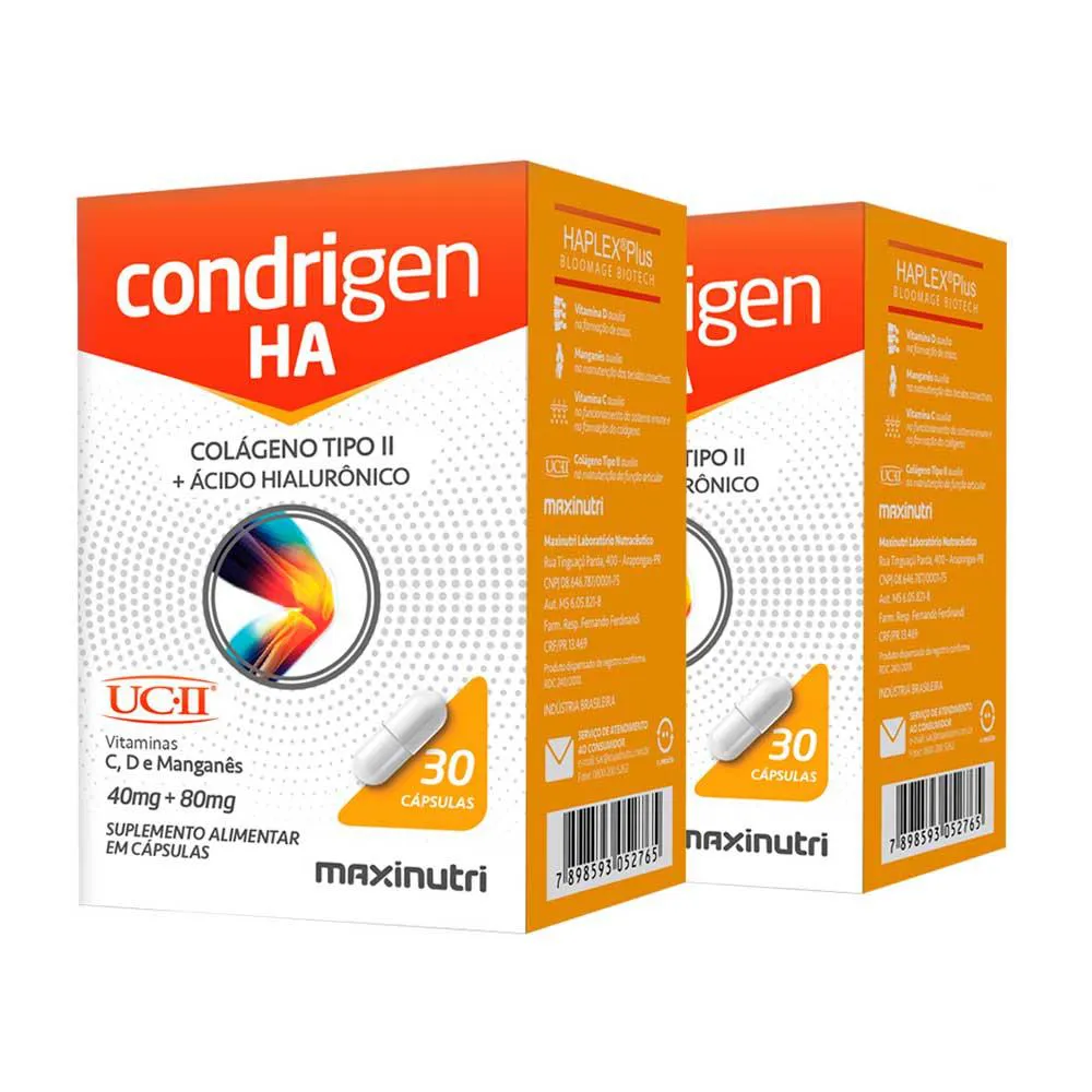 KIT 2 CONDRIGEN H.A. COLáGENO TIPO 2 COM ÁCIDO HIALURôNICO 30 CAPS MAXINUTRI