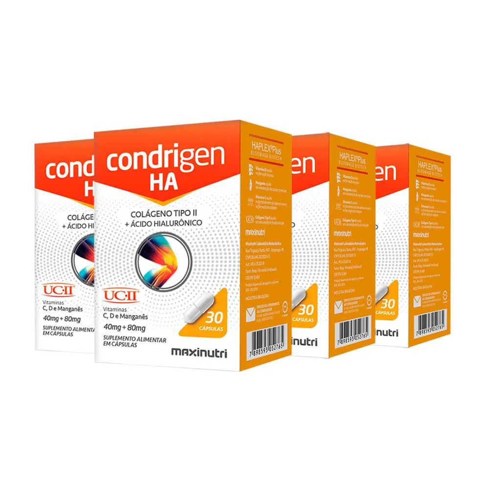 KIT 4 CONDRIGEN H.A. COLáGENO TIPO 2 COM ÁCIDO HIALURôNICO 30 CAPS MAXINUTRI