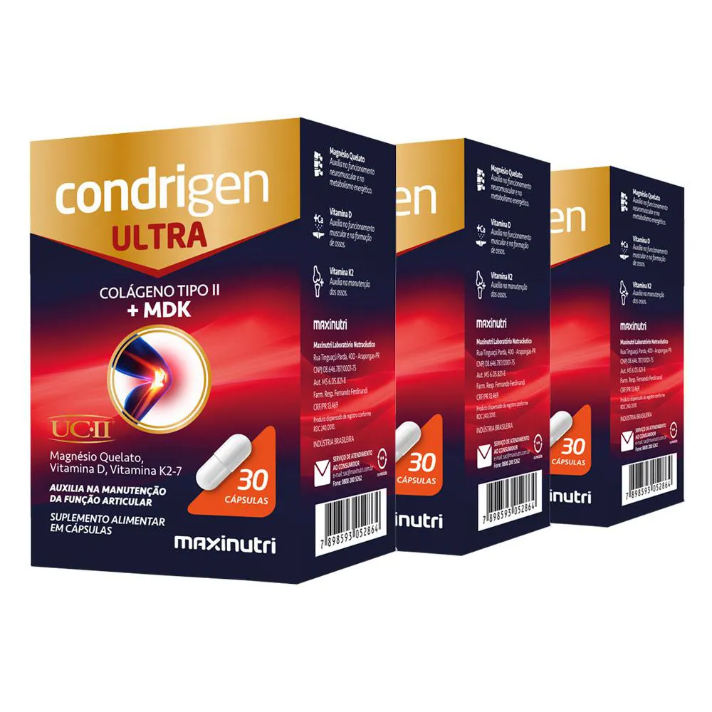 KIT 3 CONDRIGEN ULTRA COLáGENO 2 UCII + MAGNéSIO QUELATO VITAMINA K2-7 30 CáPS MAXINUTRI