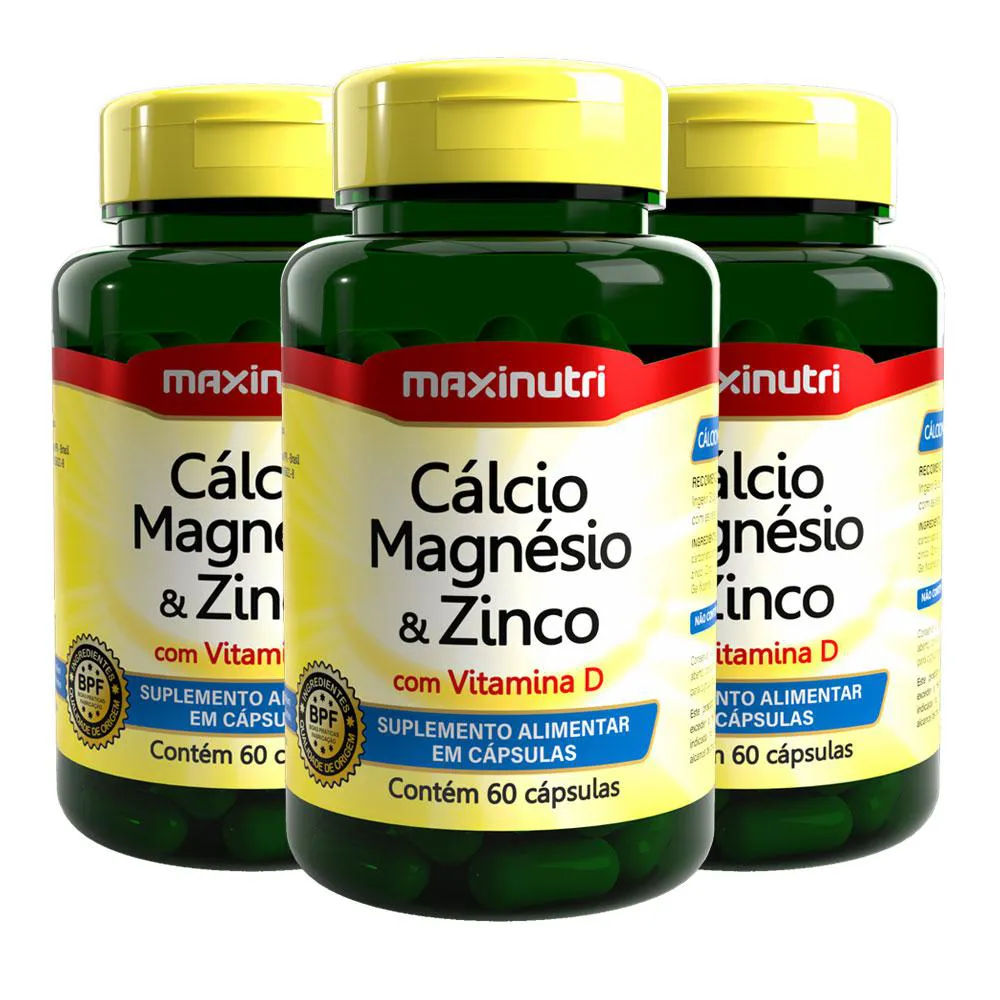 KIT 3 CALCIO MAGNéSIO E ZINCO COM VITAMINA D 60 CáPSULAS MAXINUTRI