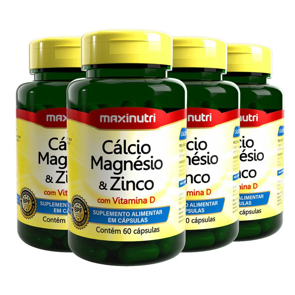 KIT 4 CALCIO MAGNéSIO E ZINCO COM VITAMINA D 60 CáPSULAS MAXINUTRI
