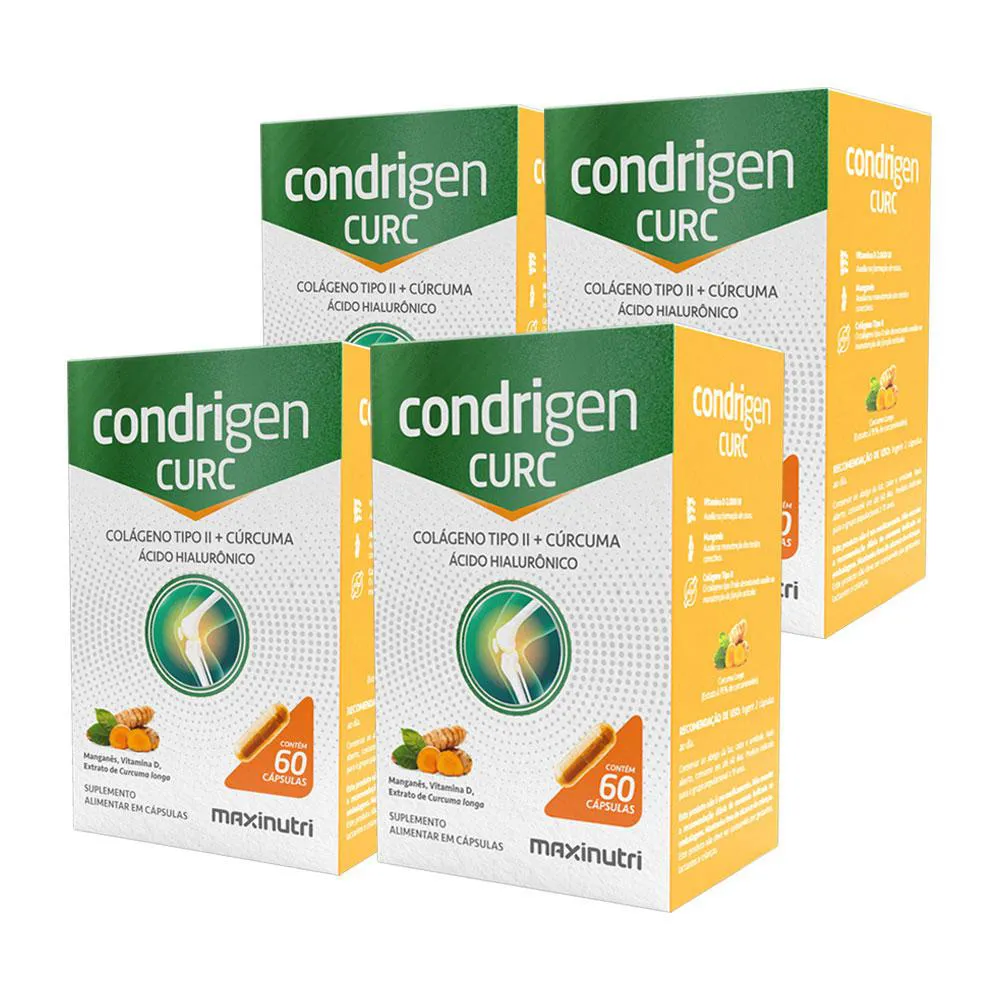 KIT 4 CONDRIGEN CURC COLáGENO TIPO 2 + CúRCUMA E ÁCIDO HIALURôNICO 60 CáPS MAXINUTRI