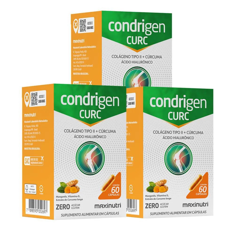 KIT 3 CONDRIGEN CURC COLáGENO TIPO 2 + CúRCUMA E ÁCIDO HIALURôNICO 60 CáPS MAXINUTRI