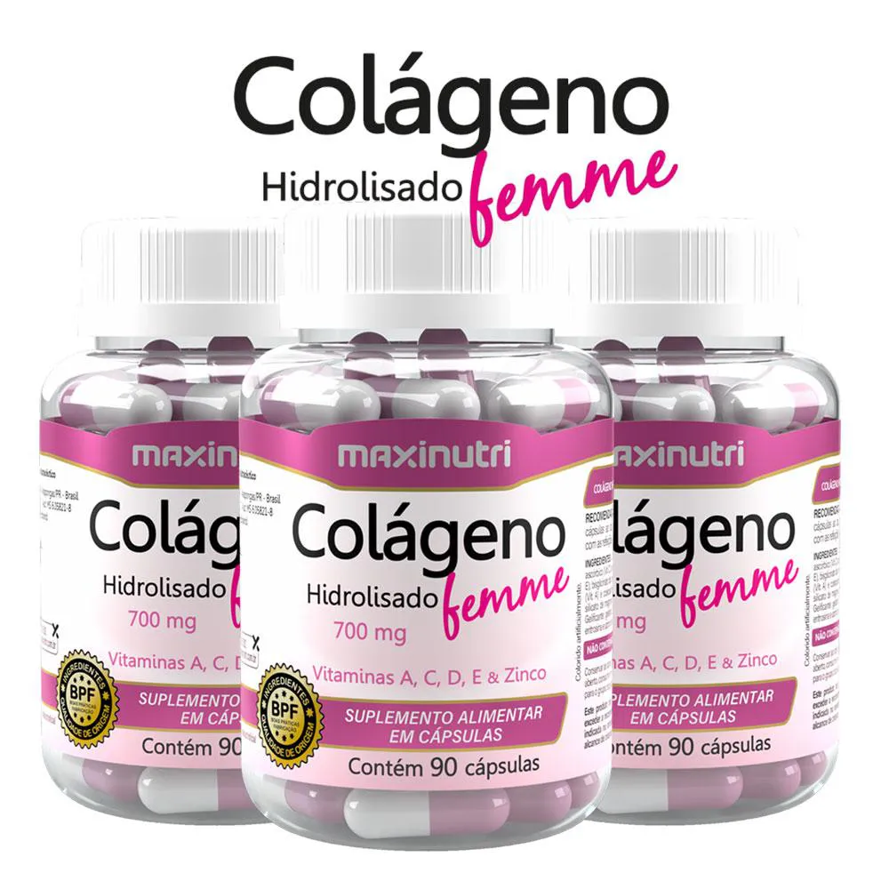 KIT 3 COLáGENO HIDROLISADO FEMME VITAMINAS + ZINCO 90 CáPSULAS MAXINUTRI