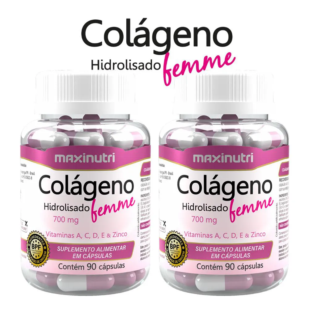 KIT 2 COLáGENO HIDROLISADO FEMME VITAMINAS + ZINCO 90 CáPSULAS MAXINUTRI