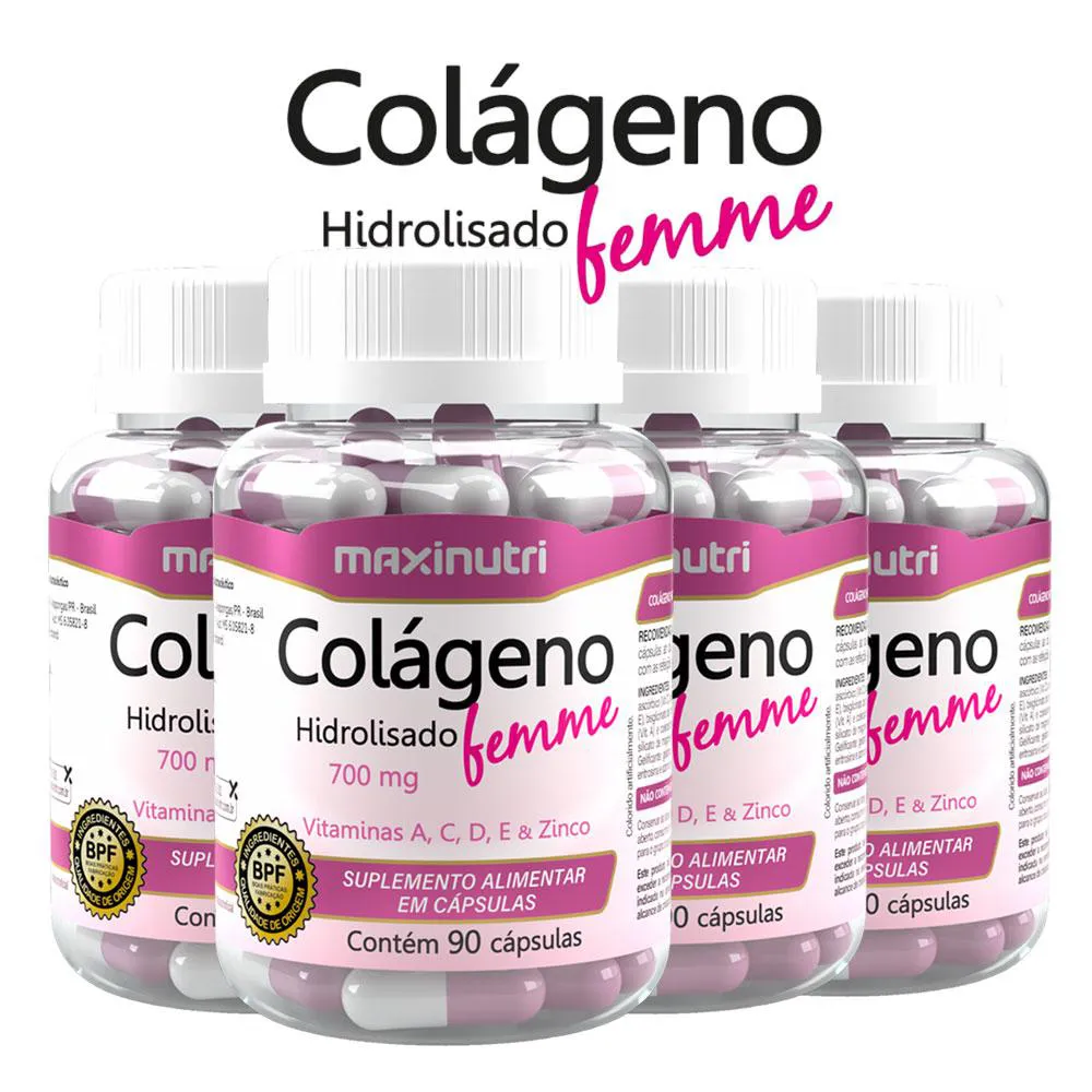 KIT 4 COLáGENO FEMME VITAMINAS A-C-D-E E ZINCO 90 CáPSULAS MAXINUTRI