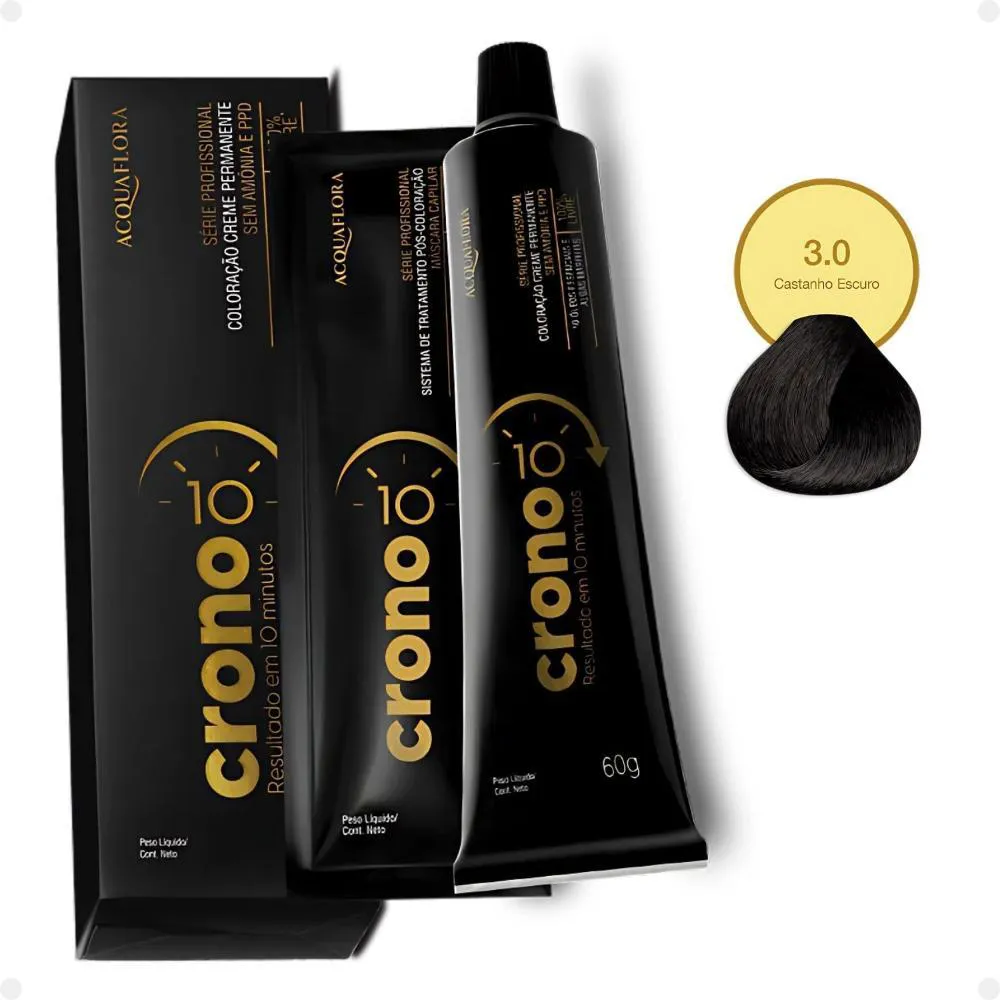 COLORAçãO CREME PERMANENTE ACQUAFLORA CRONO 10 MINUTOS 3.0 CASTANHO ESCURO 60G