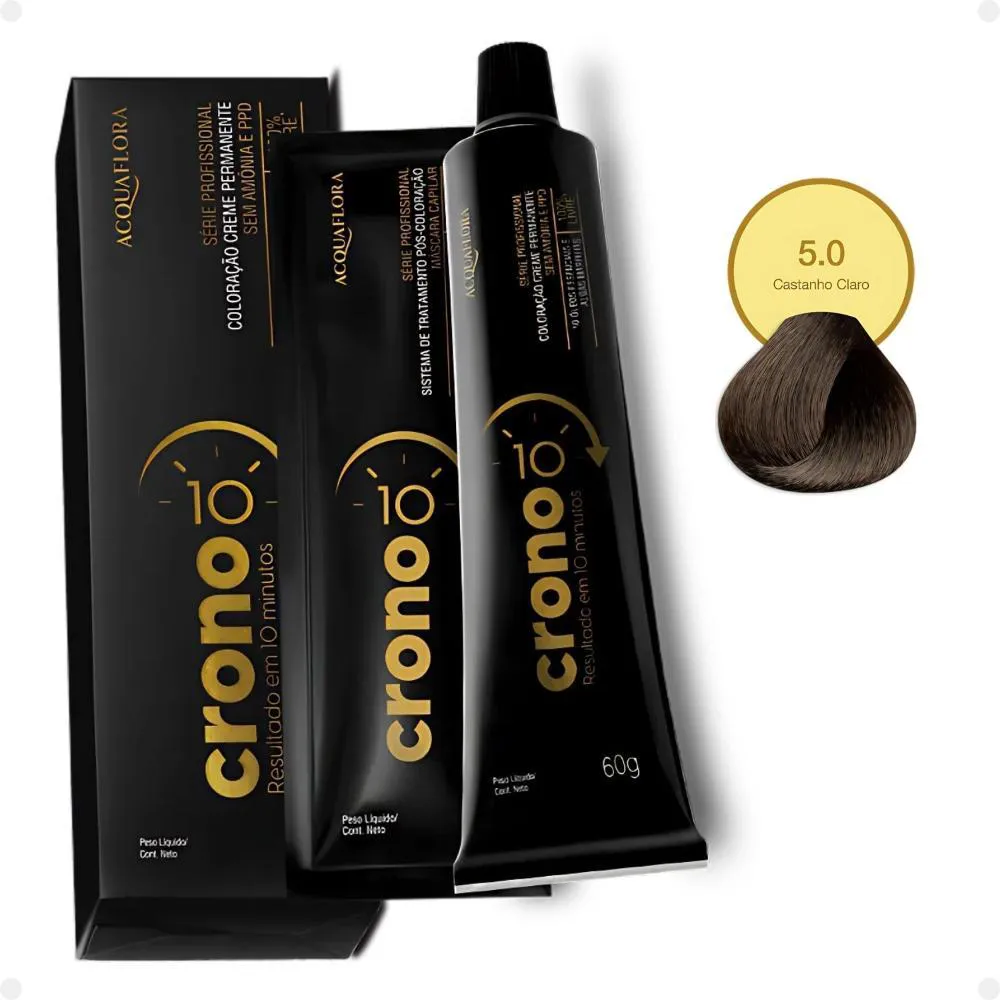 COLORAçãO CREME PERMANENTE ACQUAFLORA CRONO 10 MINUTOS 5.0 CASTANHO CLARO 60G