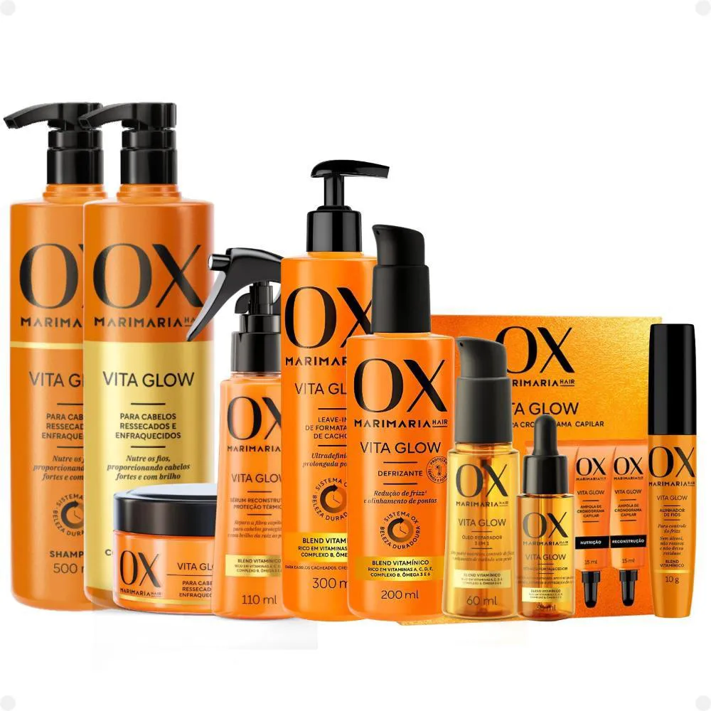 KIT OX MARI MARIA HAIR VITA GLOW: SHAMPOO, CONDICIONADOR, MáSCARA, AMPOLA, SéRUM, LEAVE-IN, DEFRIZANTE, ÓLEO, TôNICO E ALINHADOR DE FIOS
