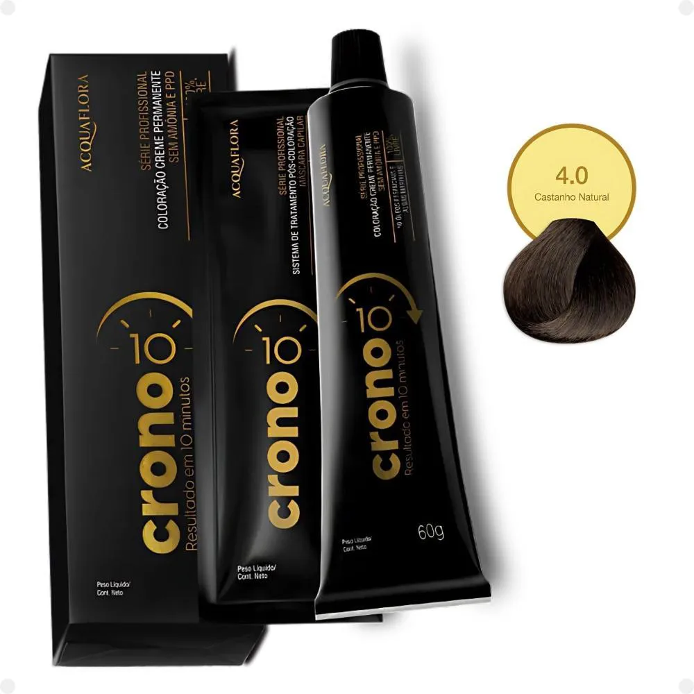 COLORAçãO CREME PERMANENTE ACQUAFLORA CRONO 10 MINUTOS 4.0 CASTANHO NATURAL 60G