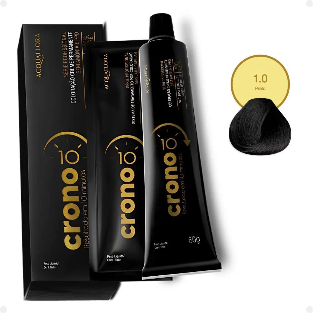 COLORAçãO CREME PERMANENTE ACQUAFLORA CRONO 10 MINUTOS 1.0 PRETO 60G