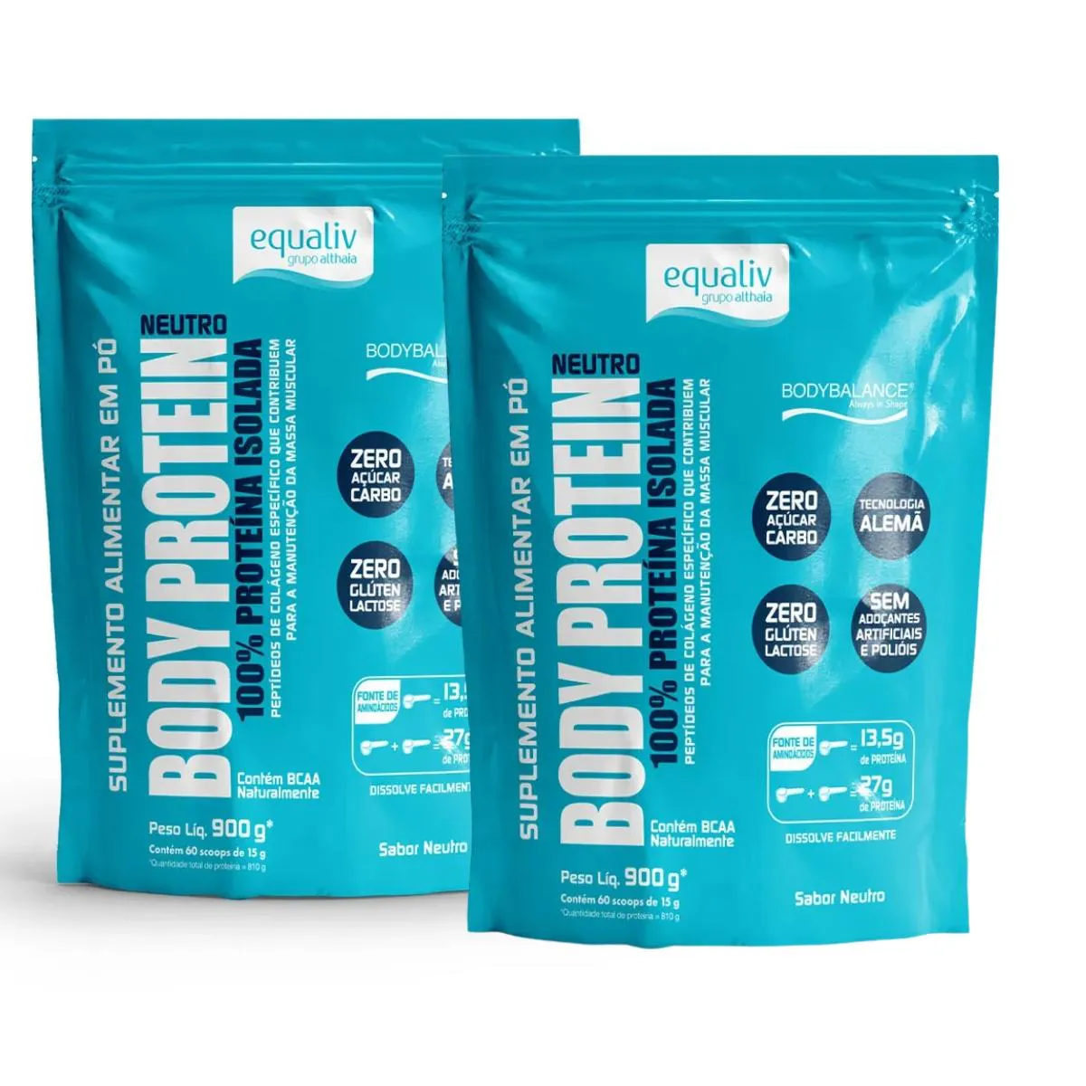 KIT 2 BODY PROTEIN PROTEíNA ISOLADA COLáGENO HIDROLISADO POUCH 900G EQUALIV SEM Sabor