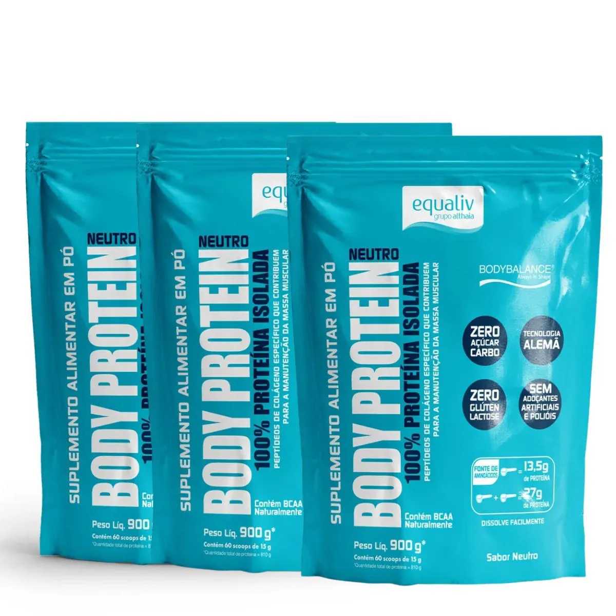 KIT 3 BODY PROTEIN PROTEíNA ISOLADA COLáGENO HIDROLISADO POUCH 900G EQUALIV SEM Sabor