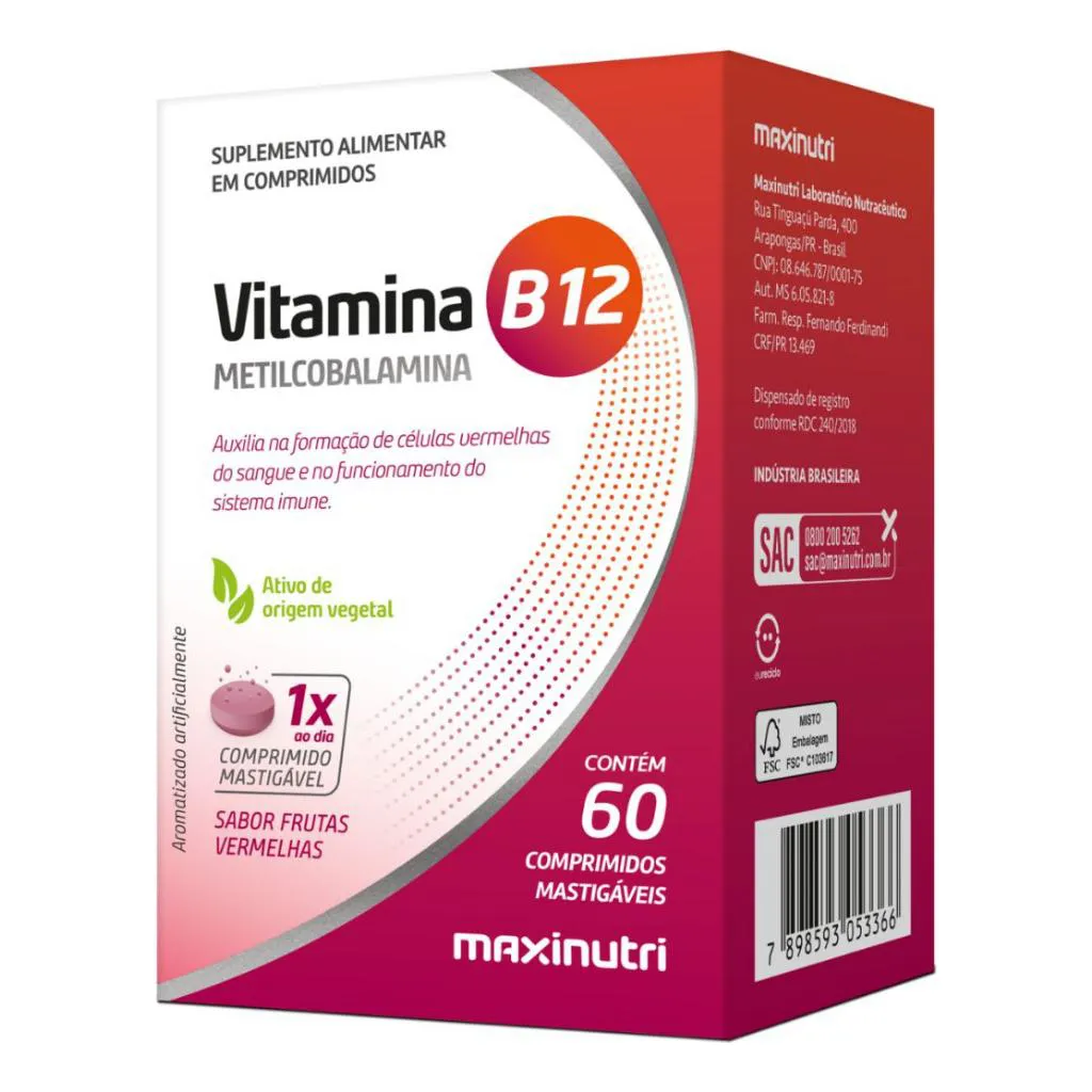 VITAMINA B12 METILCOBALAMINA - 60 COMPRIMIDOS MASTIGaVEIS - SABOR ...