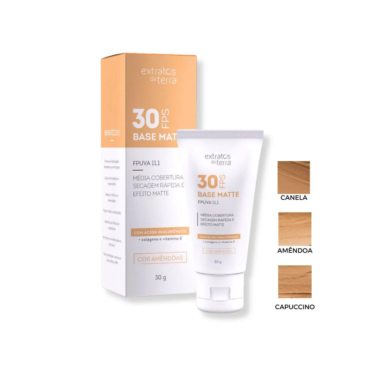 EXTRATOS DA TERRA BASE MATTE FPS 30 ACIDO HIALURONICO 30G Amêndoa