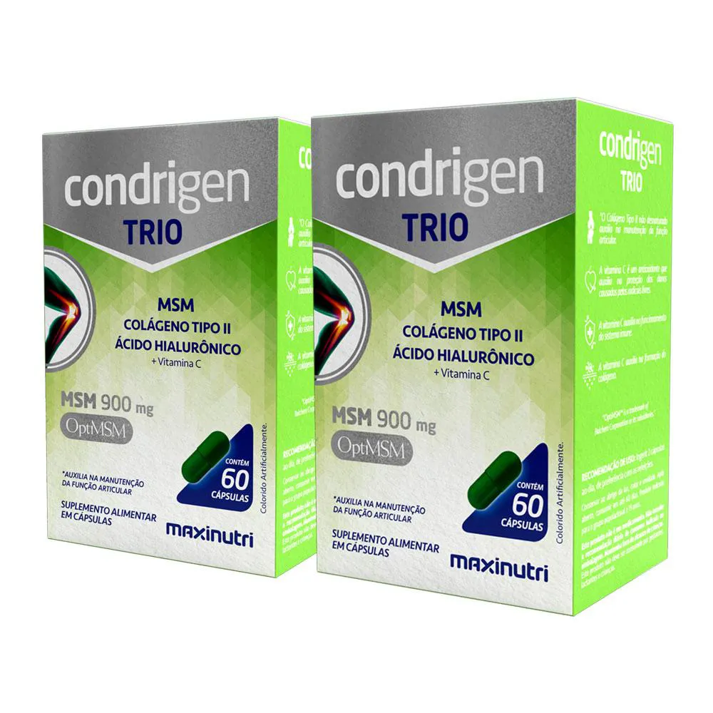 KIT 2 CONDRIGEN TRIO MSM COLáGENO TIPO 2 + ÁCIDO HIALURôNICO VITAMINA C 60 CáPS MAXINUTRI