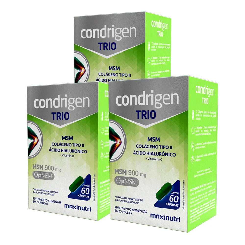 KIT 3 CONDRIGEN TRIO MSM COLáGENO TIPO 2 + ÁCIDO HIALURôNICO VITAMINA C 60 CáPS MAXINUTRI
