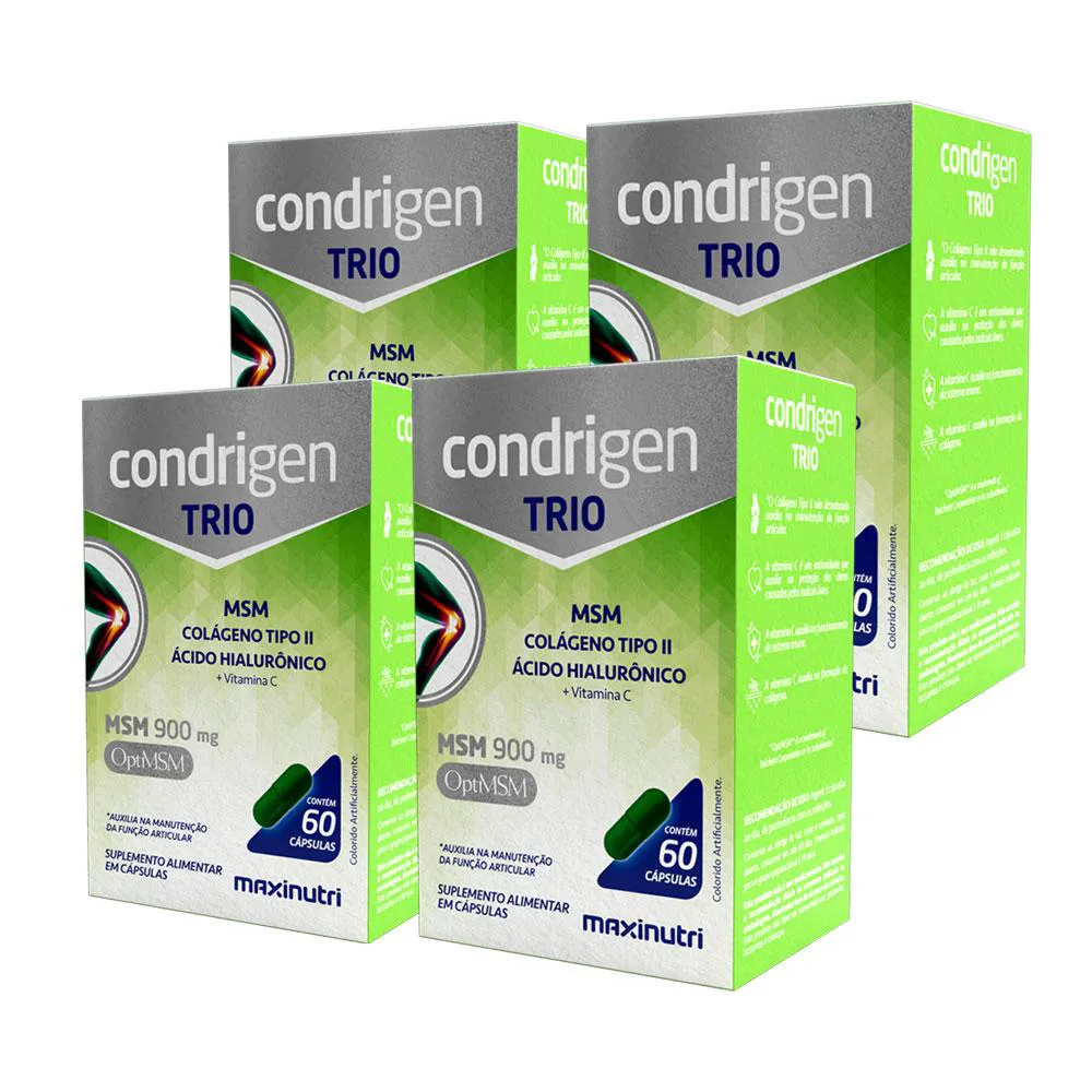 KIT 4 CONDRIGEN TRIO MSM COLáGENO TIPO 2 + ÁCIDO HIALURôNICO VITAMINA C 60 CáPS MAXINUTRI