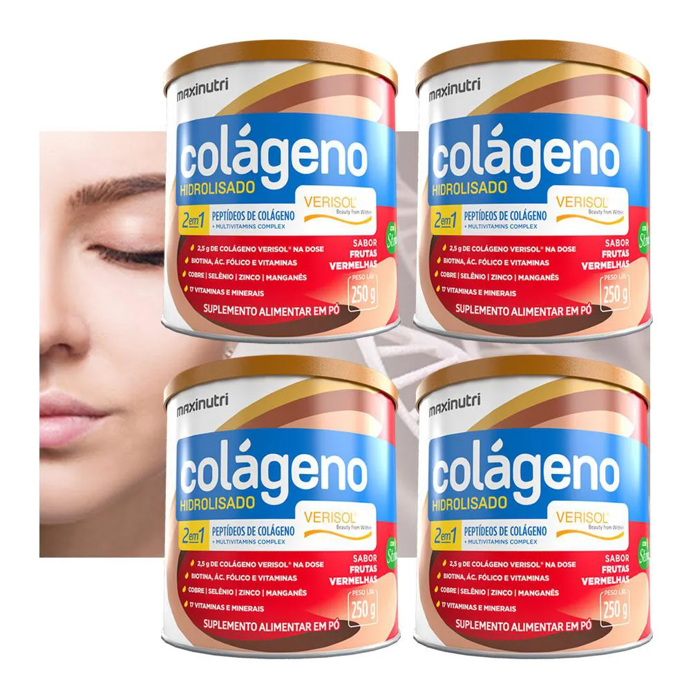 KIT 4 COLáGENO HIDROLISADO VERISOL TIPO 1 MAXINUTRI 250G SABOR FRUTAS VERMELHAS