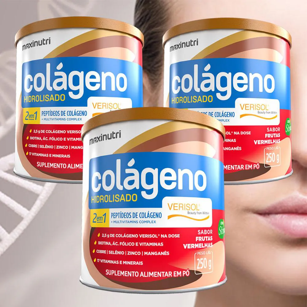 KIT 3 COLáGENO HIDROLISADO VERISOL TIPO 1 MAXINUTRI 250G SABOR FRUTAS VERMELHAS