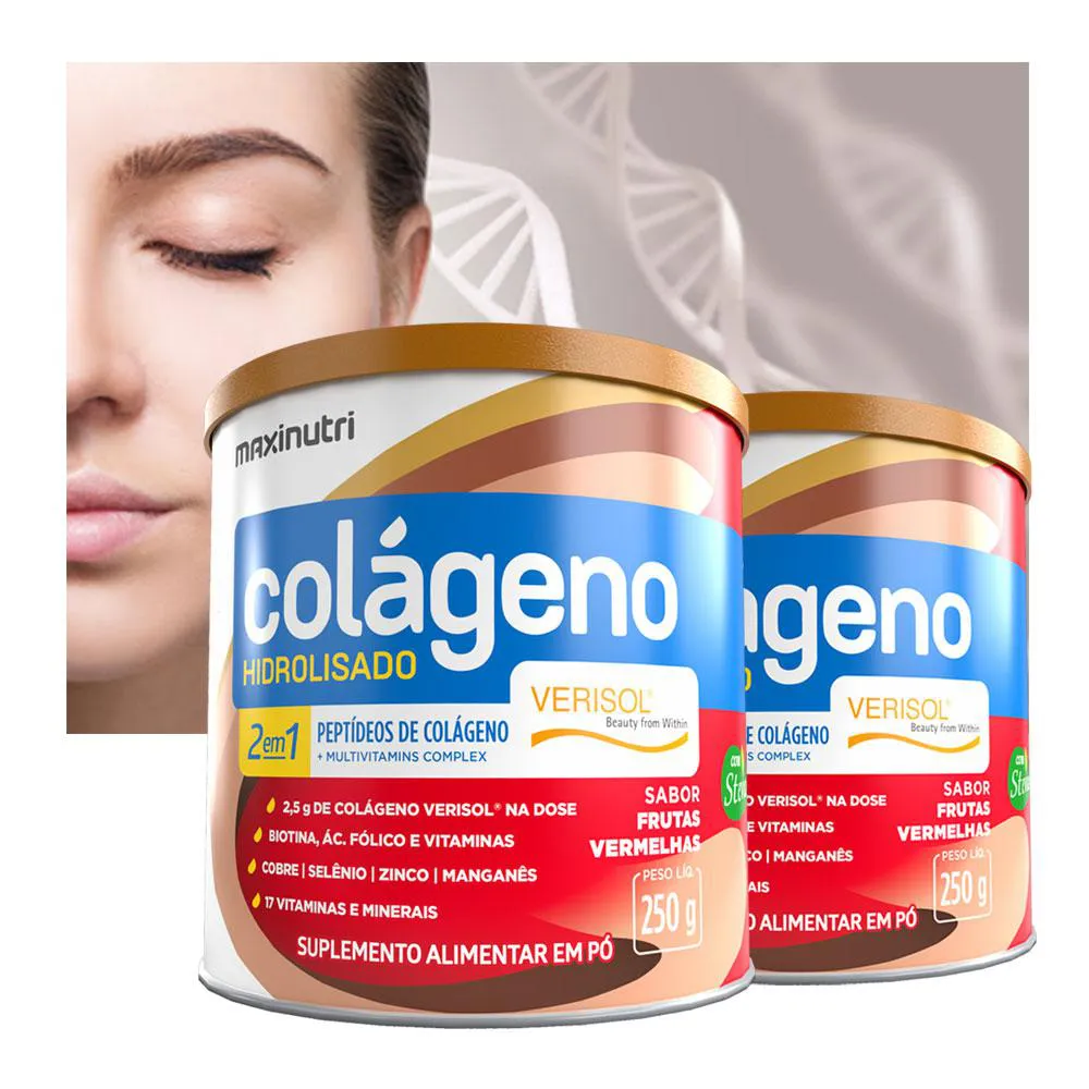 KIT 2 COLáGENO HIDROLISADO VERISOL TIPO 1 MAXINUTRI 250G SABOR FRUTAS VERMELHAS