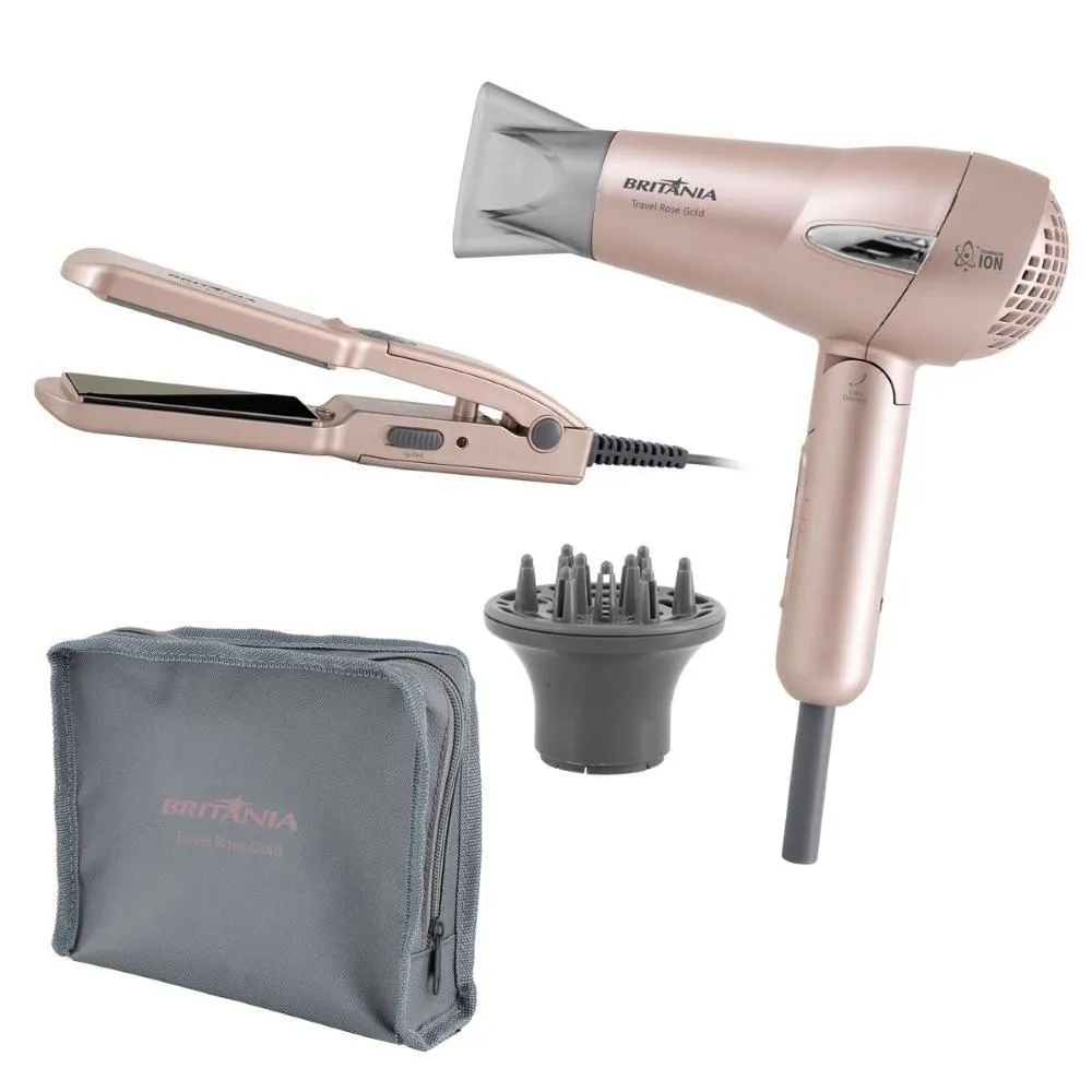 KIT BELEZA TRAVEL ROSE GOLD BRITâNIA SECADOR PRANCHA BIVOLT