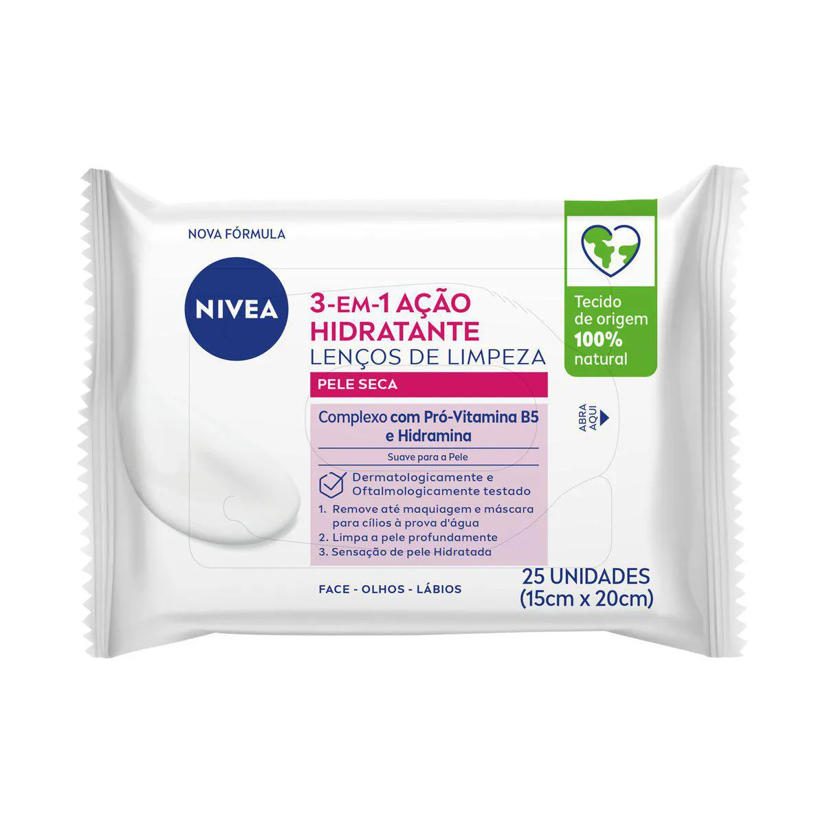 Lenço Demaquilante Nivea 3 em 1 Ação Hidratante 25 unidades