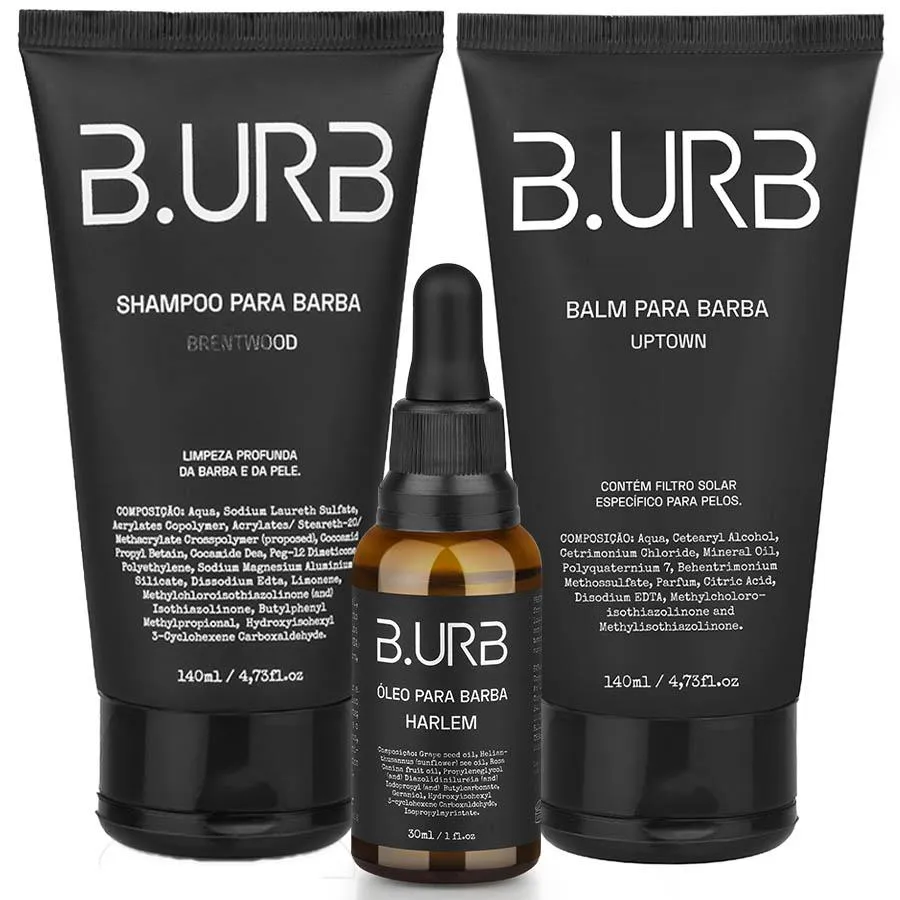 KIT SHAMPOO BRENTWOOD + BALM UPTOWN + ÓLEO HARLEM AMADEIRADO BARBA URBANA B.URB