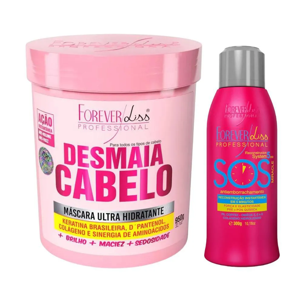 FOREVER LISS KIT SOS RECONSTRUTOR ANTIEMBORRACHAMENTO 300ML, MASCARA DESMAIA CABELO 950G
