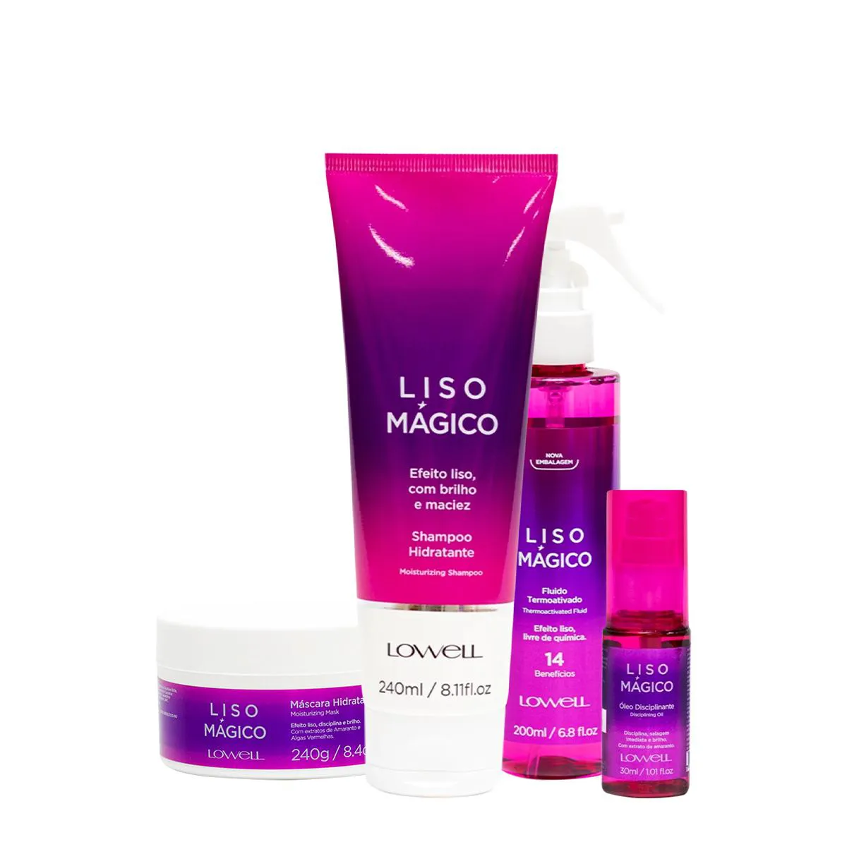 KIT LOWELL LISO MáGICO SHAMPOO MáSCARA OIL FLUíDO (4 PRODUTOS)