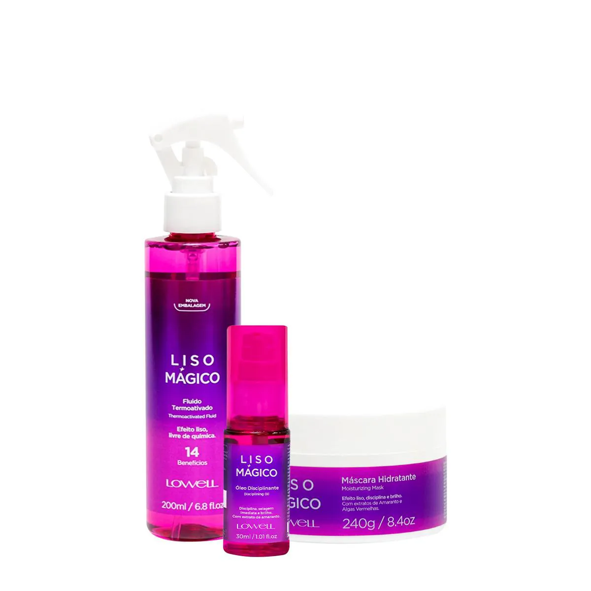 KIT LOWELL LISO MáGICO MáSCARA OIL FLUíDO (3 PRODUTOS)