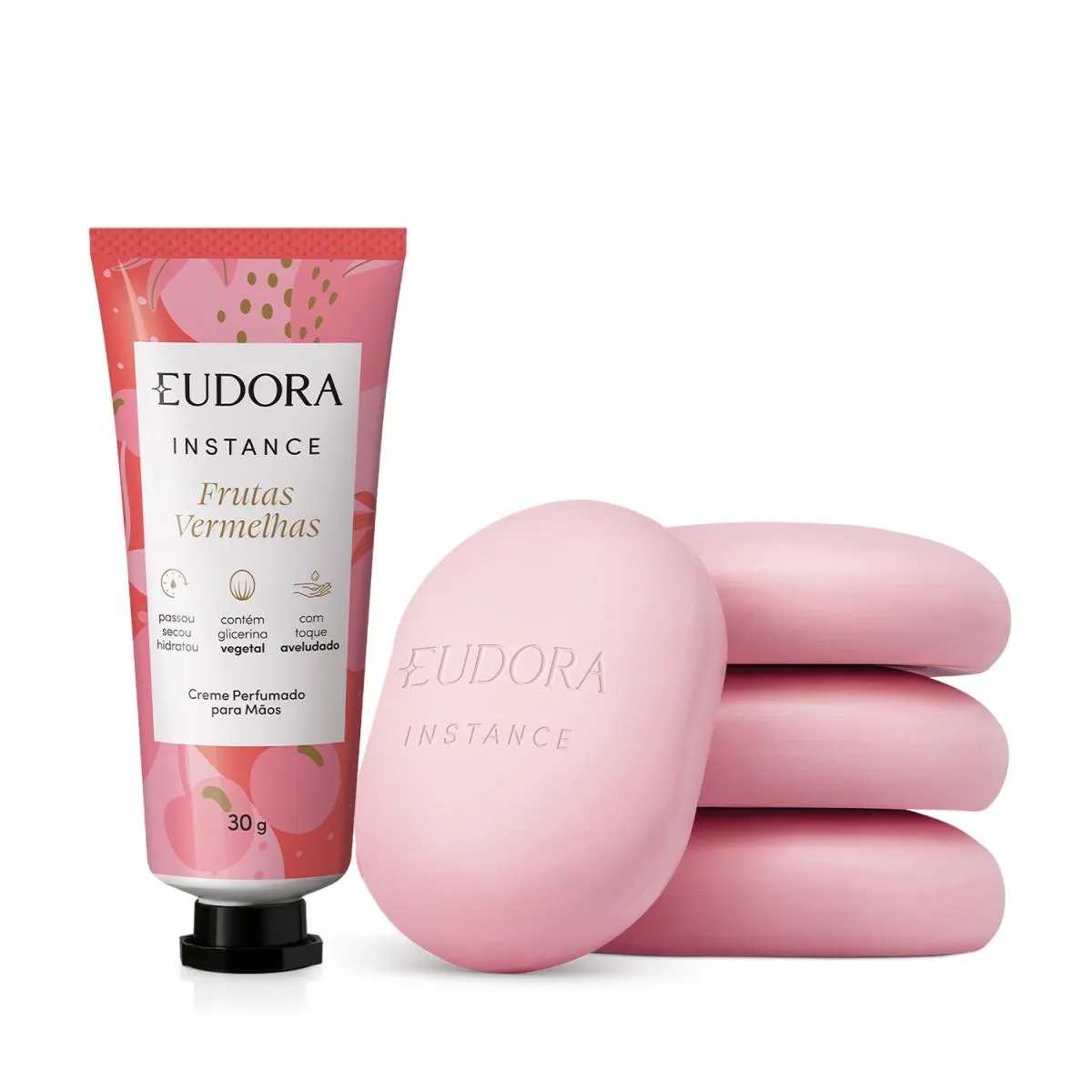COMBO INSTANCE FRUTAS VERMELHAS: CREME PARA MãOS 30G + SABONETE VEGETAL EM BARRA 4X80G