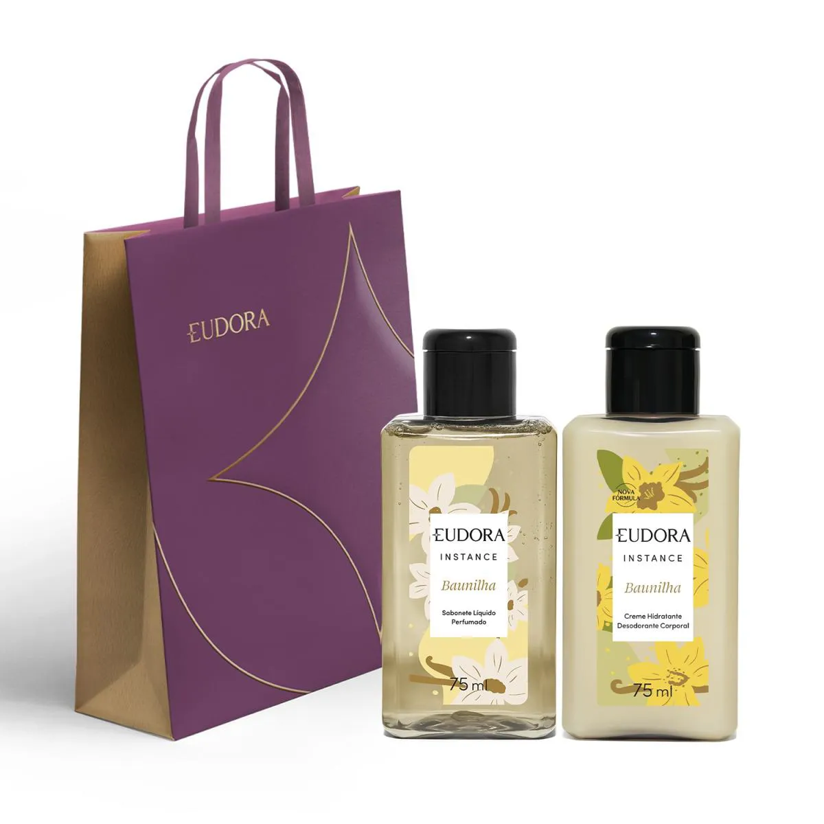 COMBO INSTANCE BAUNILHA MINI: SABONETE LíQUIDO 75ML + LOçãO HIDRATANTE DESODORANTE CORPORAL BAUNILHA 75ML + SACOLA EUDORA