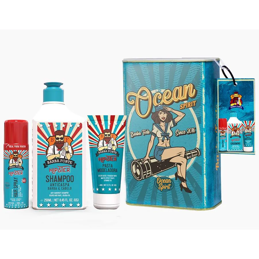 KIT SHAMPOO ANTICASPA + PASTA MODELADORA + HAIR SPRAY HIPSTER LATA OCEAN SPIRIT BARBA FORTE