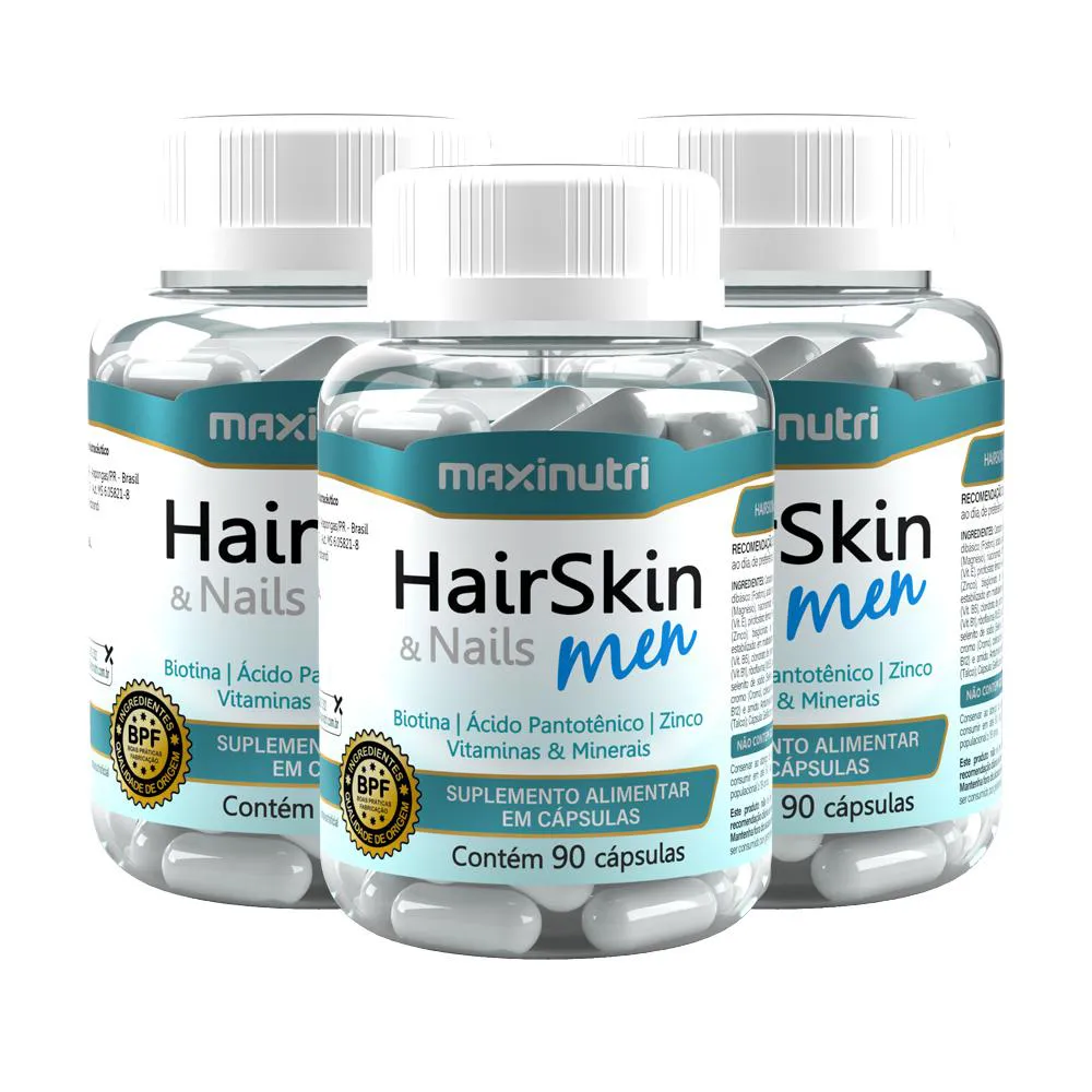KIT 3 HAIRSKIN MEN VITAMINAS E MINERAIS 90 CAPS MAXINUTRI