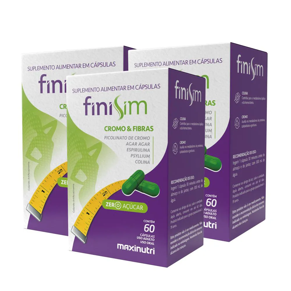 KIT 3 FINISIM CROMO E FIBRAS COM 60 CáPSULAS MAXINUTRI