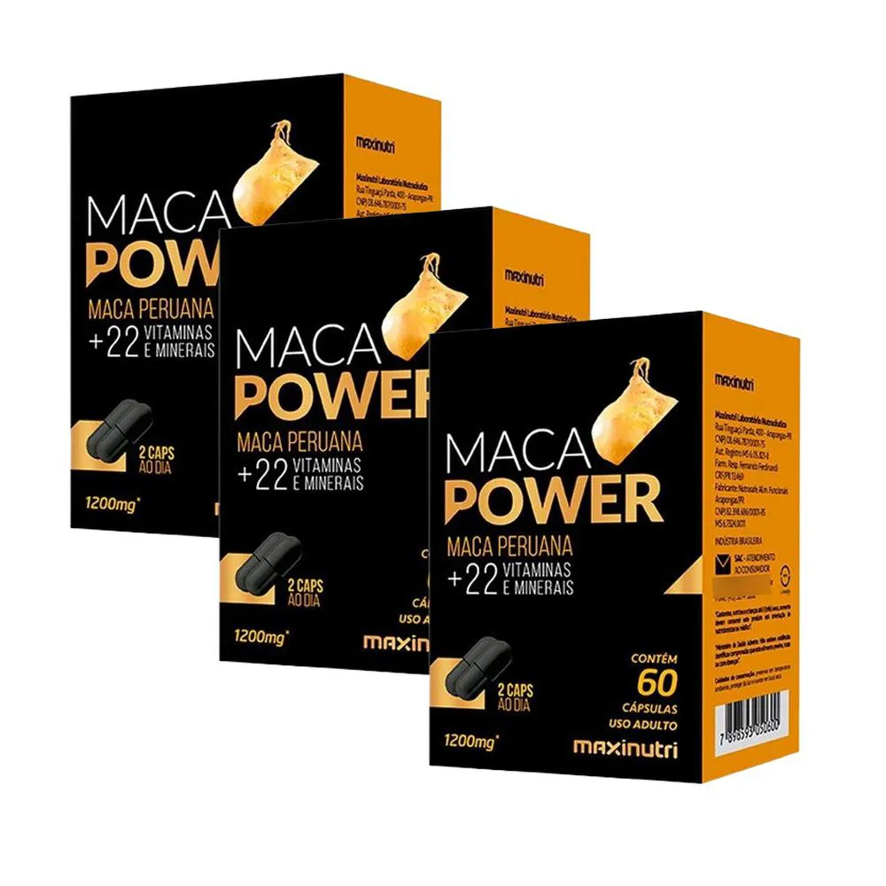 KIT 3 MACA POWER 1200MG VITAMINAS MINERAIS 60 CAPS MAXINUTRI