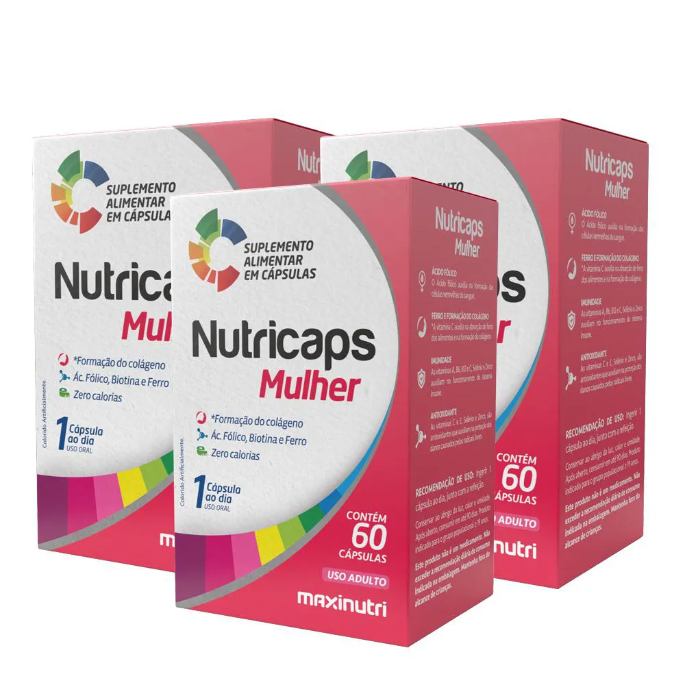 KIT 3 NUTRICAPS MULHER POLIVITAMINICO COMPLETO 60 CAPSULAS MAXINUTRI