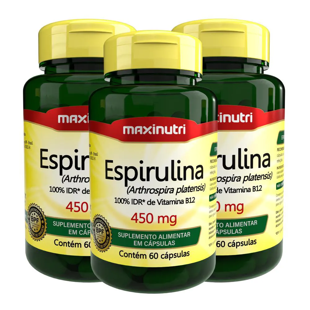 KIT 3 ESPIRULINA 450MG COM 60 CáPSULAS MAXINUTRI
