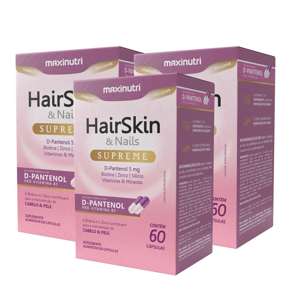 KIT 3 HAIRSKIN SUPREME D-PANTENOL BIOTINA 60 CáPS MAXINUTRI