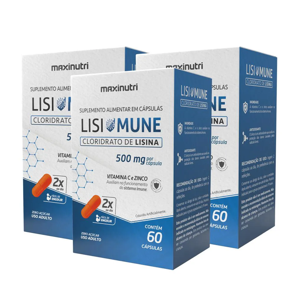 KIT 3 LISIMUNE CLORIDRATO DE LISINA + ZINCO 60 CáPSULAS MAXINUTRI