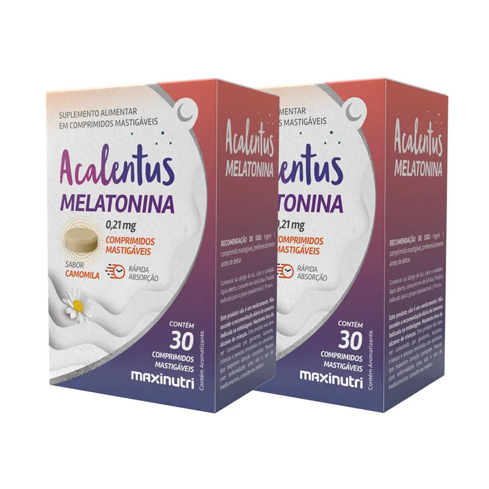 KIT 2 ACALENTUS MELATONINA + CAMOMILA MASTIGáVEL 30 CáPS MAXINUTRI