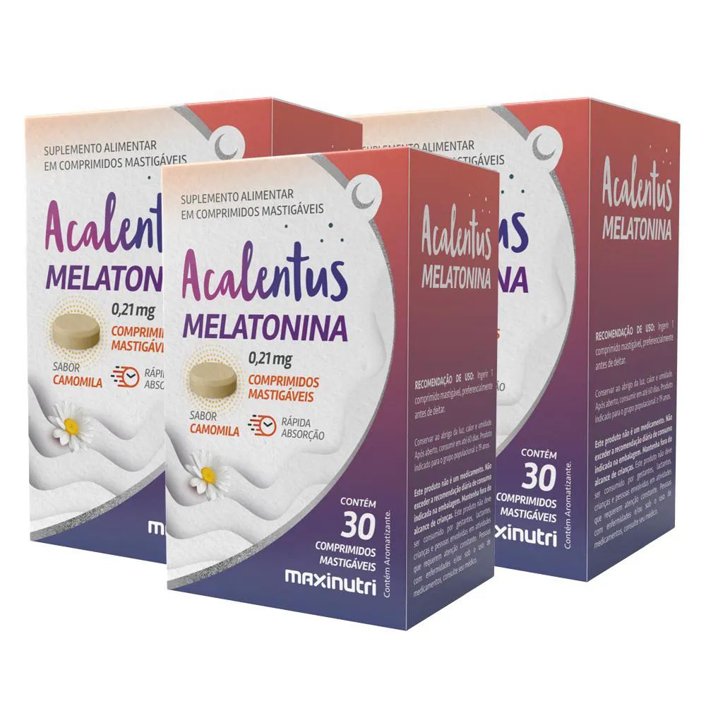 KIT 3 ACALENTUS MELATONINA + CAMOMILA MASTIGáVEL 30 CáPS MAXINUTRI