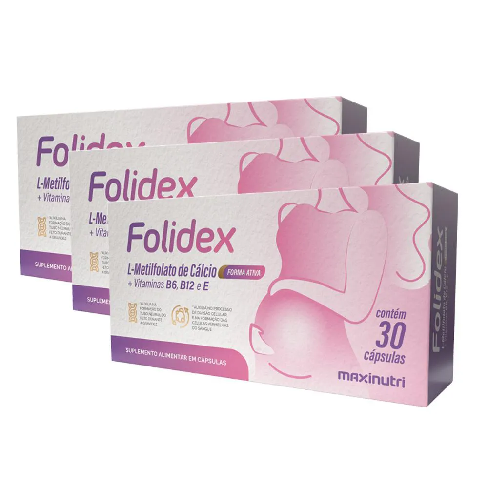 KIT 3 FOLIDEX L-METILFOLATO + VITAMINAS 30 CáPS MAXINUTRI