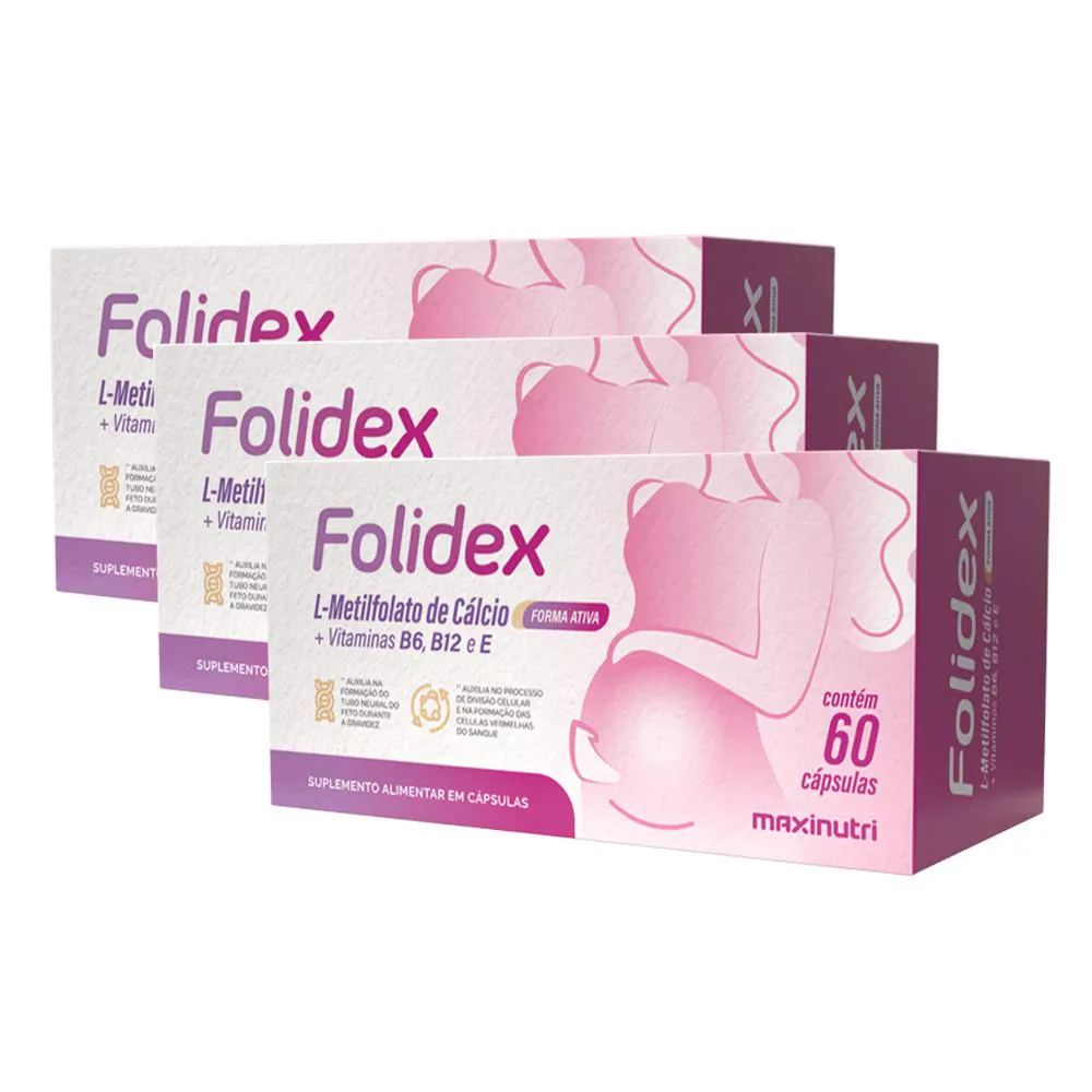 KIT 3 FOLIDEX METILFOLATO + VITAMINAS 60 CáPSULAS MAXINUTRI